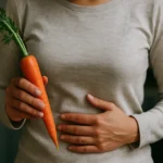 Žena s mrkvou, ktorá si drží brucho, symbolizuje zdravé trávenie.