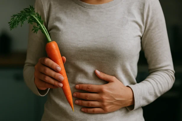 Žena s mrkvou, ktorá si drží brucho, symbolizuje zdravé trávenie.