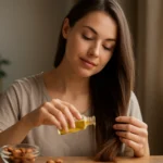 Žena aplikuje mandľový olej na svoje vlasy pre zdravší vzhľad