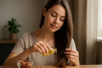 Žena aplikuje mandľový olej na svoje vlasy pre zdravší vzhľad