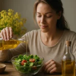 Žena pridáva repkový olej do šalátu pre zdravo výživné jedlo.