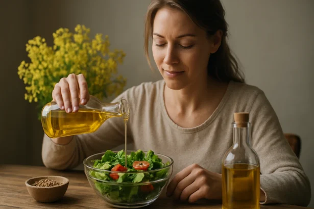 Žena pridáva repkový olej do šalátu pre zdravo výživné jedlo.