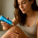 Žena aplikuje gél Lioton na nohu pre úľavu od bolesti.