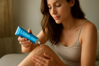 Žena aplikuje gél Lioton na nohu pre úľavu od bolesti.