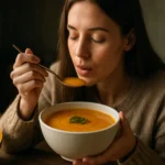 Žena ochutnávajúca tekvicový krém v bielej miske