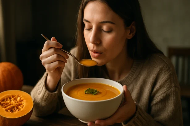 Žena ochutnávajúca tekvicový krém v bielej miske