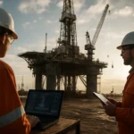 Pracovníci na ropnej veži s technológiou a automatizáciou.