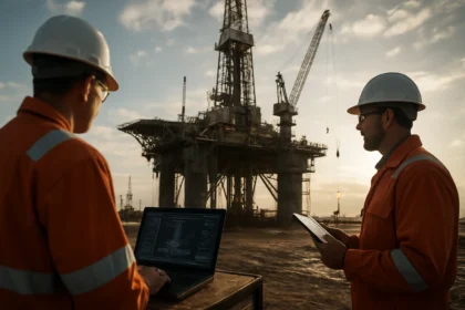 Pracovníci na ropnej veži s technológiou a automatizáciou.