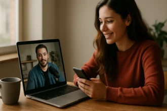Žena sledujúca video na notebooku a používajúca telefón