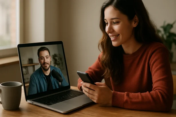 Žena sledujúca video na notebooku a používajúca telefón