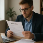 Mladý muž skúma svoj nový životopis pri počítači.