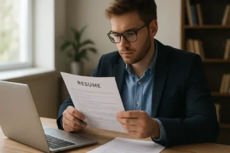 Mladý muž skúma svoj nový životopis pri počítači.