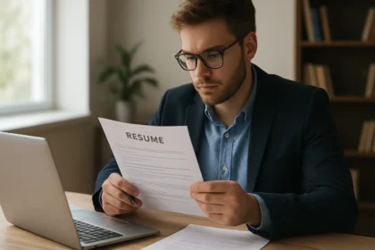 Mladý muž skúma svoj nový životopis pri počítači.