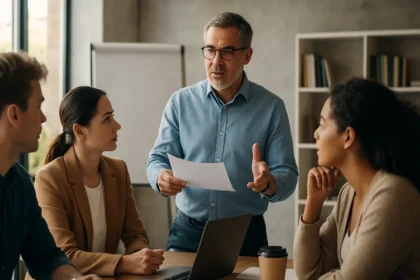 Skupina profesionálov na odbornom workshope, ktorý sa zaoberá kariérnym rastom.