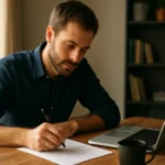 Muž píše profesionálny úvod s perom a laptopom na stole.