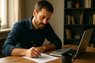 Muž píše profesionálny úvod s perom a laptopom na stole.