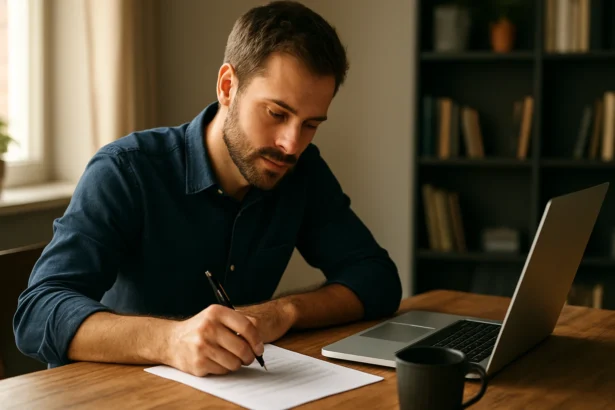 Muž píše profesionálny úvod s perom a laptopom na stole.