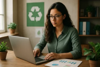 Žena pracujúca na počítači s grafmi o ochrane životného prostredia.