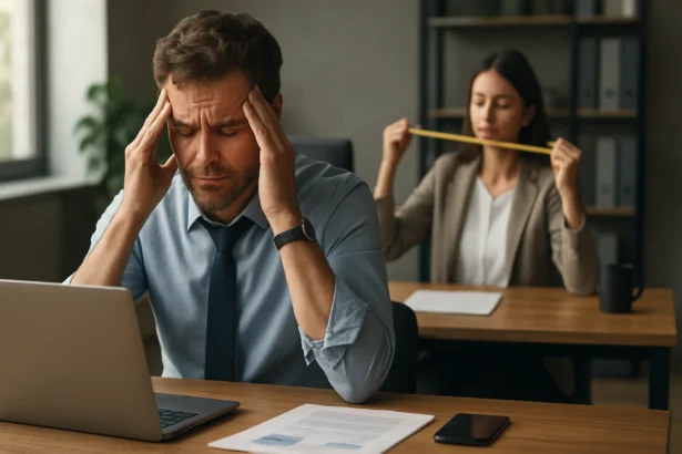 Muž so stresom v kancelárii, žena za ním vykonáva uvoľňujúce cvičenie.