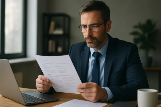 Muž v obleku číta životopis pri stole s notebookom.