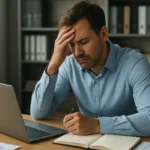 Muž trpiaci pracovným stresom pri počítači a poznámkovom bloku.