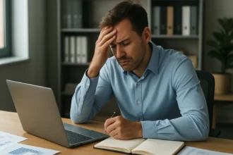 Muž trpiaci pracovným stresom pri počítači a poznámkovom bloku.