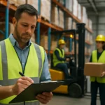 Muž kontroluje dodávky v sklade počas efektívneho logistického procesu.