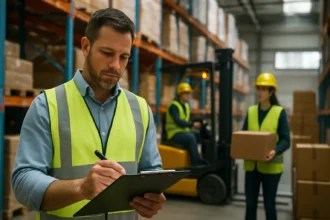 Muž kontroluje dodávky v sklade počas efektívneho logistického procesu.