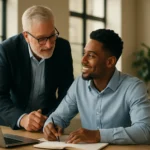 Mentoring session between older and younger professional at a desk