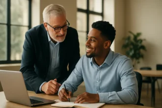 Mentoring session between older and younger professional at a desk