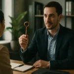 Muž ukazuje na kľúč ako symbol kariérnych možností a úspechu.