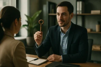 Muž ukazuje na kľúč ako symbol kariérnych možností a úspechu.