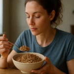 Žena vychutnávajúca si pohánku z misky.