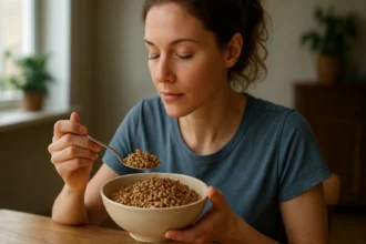 Žena vychutnávajúca si pohánku z misky.