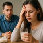 Žena s bolestivým výrazom, drží pohár s nápojom, snaží sa prekonať vedľajšie účinky.
