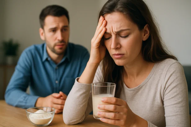 Žena s bolestivým výrazom, drží pohár s nápojom, snaží sa prekonať vedľajšie účinky.