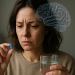 Žena s modrou tabletou a pohárom vody premýšľa o antidepresívach a ich účinkoch na mozog.