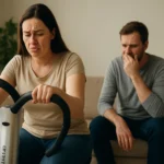 Žena cvičí na FLABéLOS s bolestivým výrazom, muž sleduje.