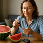 Žena kontroluje hladinu cukru v krvi s vodným melónom na stole.