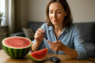 Žena kontroluje hladinu cukru v krvi s vodným melónom na stole.