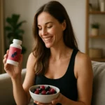 Žena s prírodným doplnkom Berry Slim a miskou bobúľ