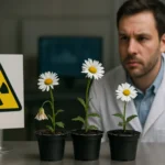 Vedec skúma vplyv gama žiarenia na rast sedmokrások v laboratóriu.