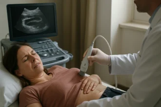 Žena počas ultrazvukového vyšetrenia, zdravotné riziká