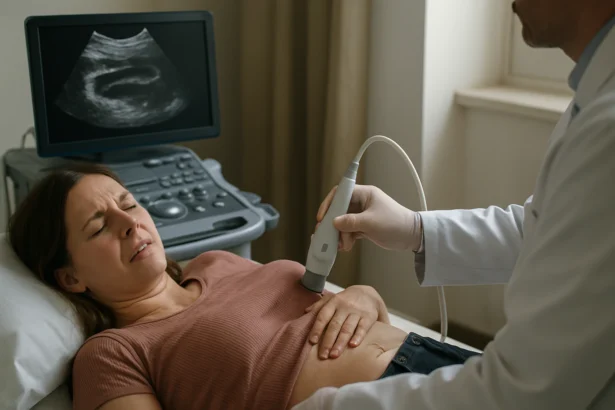 Žena počas ultrazvukového vyšetrenia, zdravotné riziká