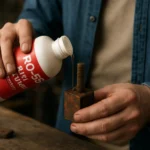 Človek aplikuje odstraňovač hrdze RO-55 na zhrdzavený kov.