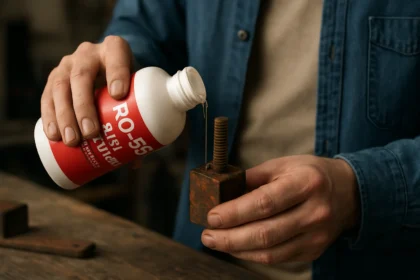 Človek aplikuje odstraňovač hrdze RO-55 na zhrdzavený kov.