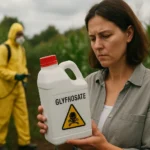 Žena skúma fľašu s glyfosátom na poli plnom kukurice.