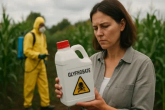 Žena skúma fľašu s glyfosátom na poli plnom kukurice.