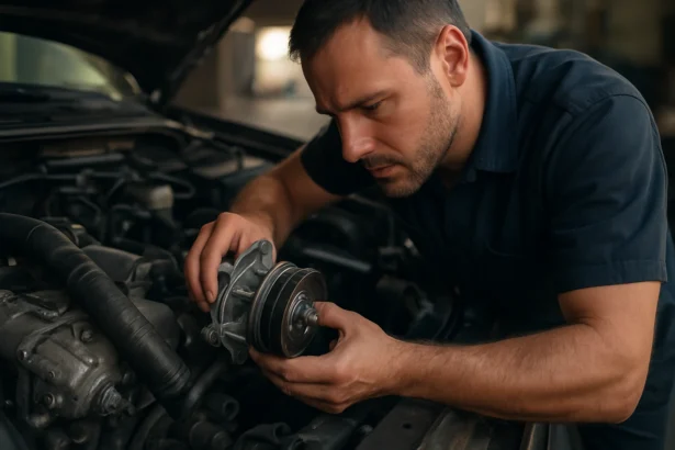 Mechanik kontroluje vodnú pumpu v motore auta