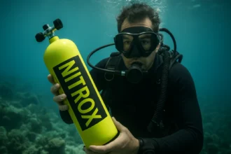 Potápač s Nitrox fľašou pod vodou